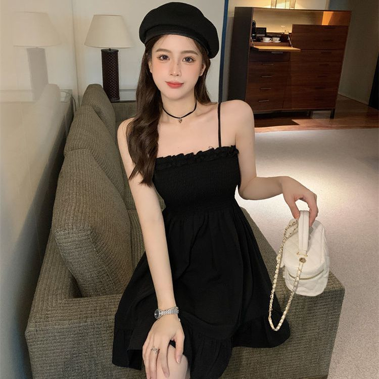 One-shoulder irregular slimming elastic waist short pleated suspender little black dress for women summer new style