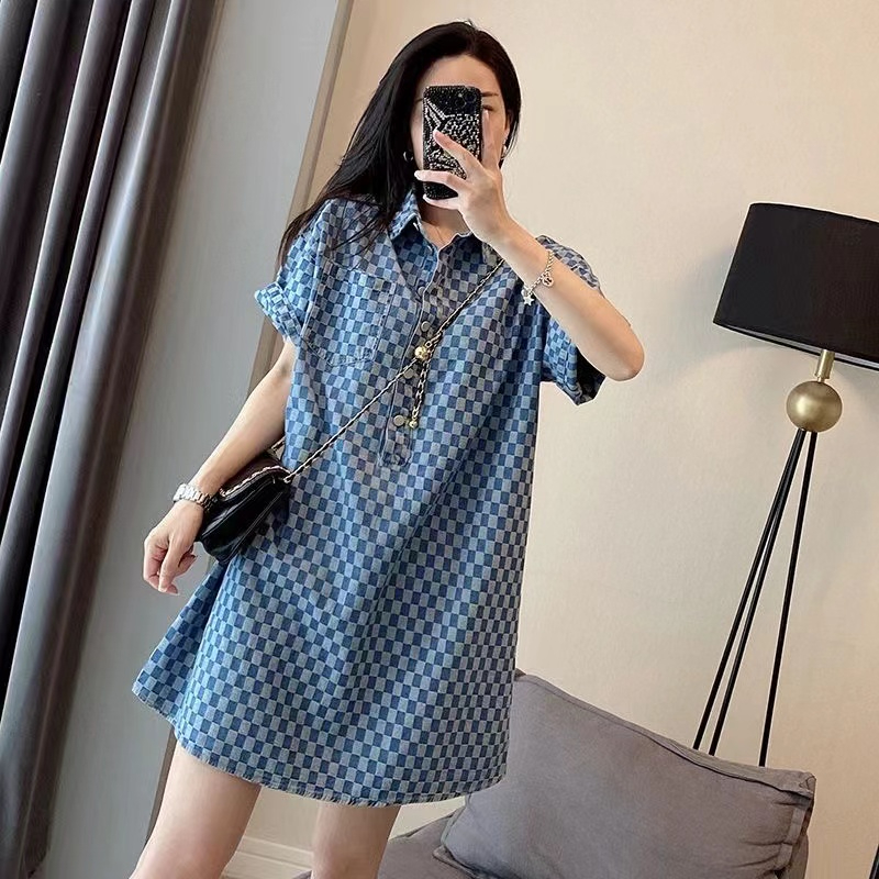 2-300 catties fat mm denim blue dress for women summer new extra large size medium long loose short-sleeved T-shirt skirt