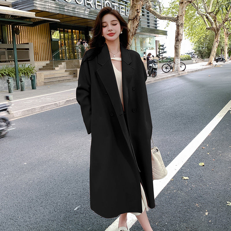 Pink double-sided cashmere woolen coat for women autumn and winter 2024 new Korean style over-the-knee woolen coat