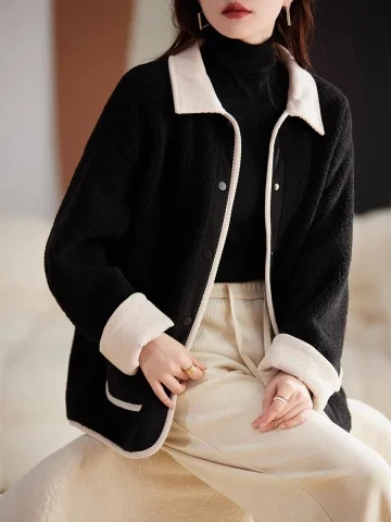 2024 Autumn and Winter New Lapel Contrast Color Splicing Thickened Jacket Women's Fashion Versatile Warm Jacket