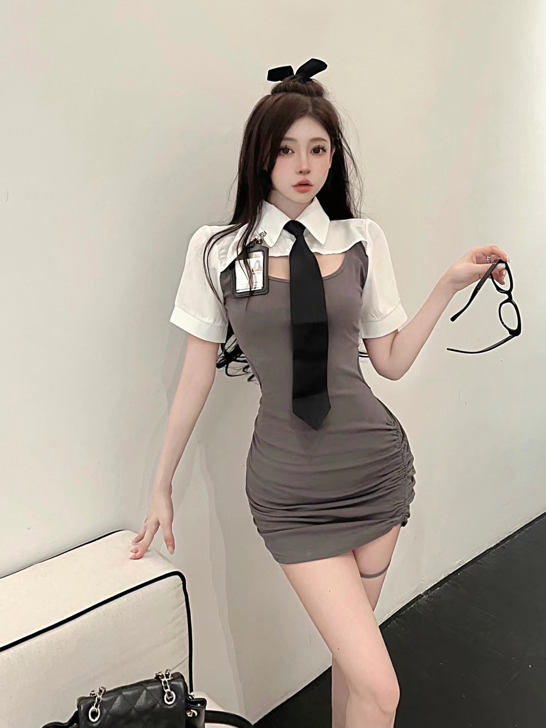 College style sweet and cool hot girl fake two-piece hollow waist exposed JK shirt dress for women summer sexy black hip skirt