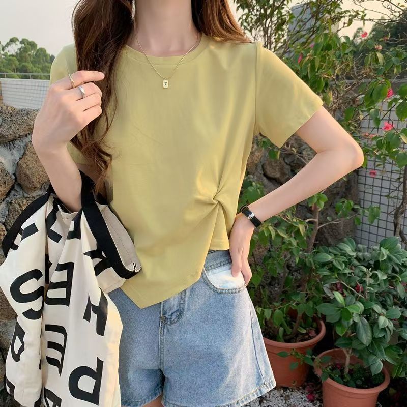 2024 Summer Pure Desire Style Irregular Design Versatile Slim Women's T-Shirt Thin Outing Wear Short-Sleeved Top