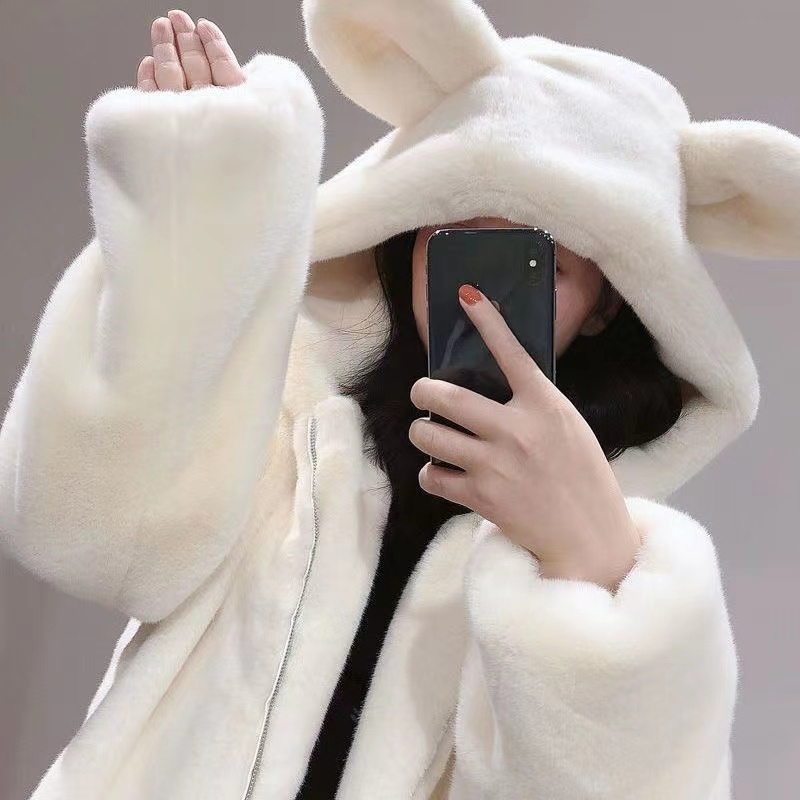  new winter hooded loose cute bear ears thickened plush mid-length imitation fur coat for women