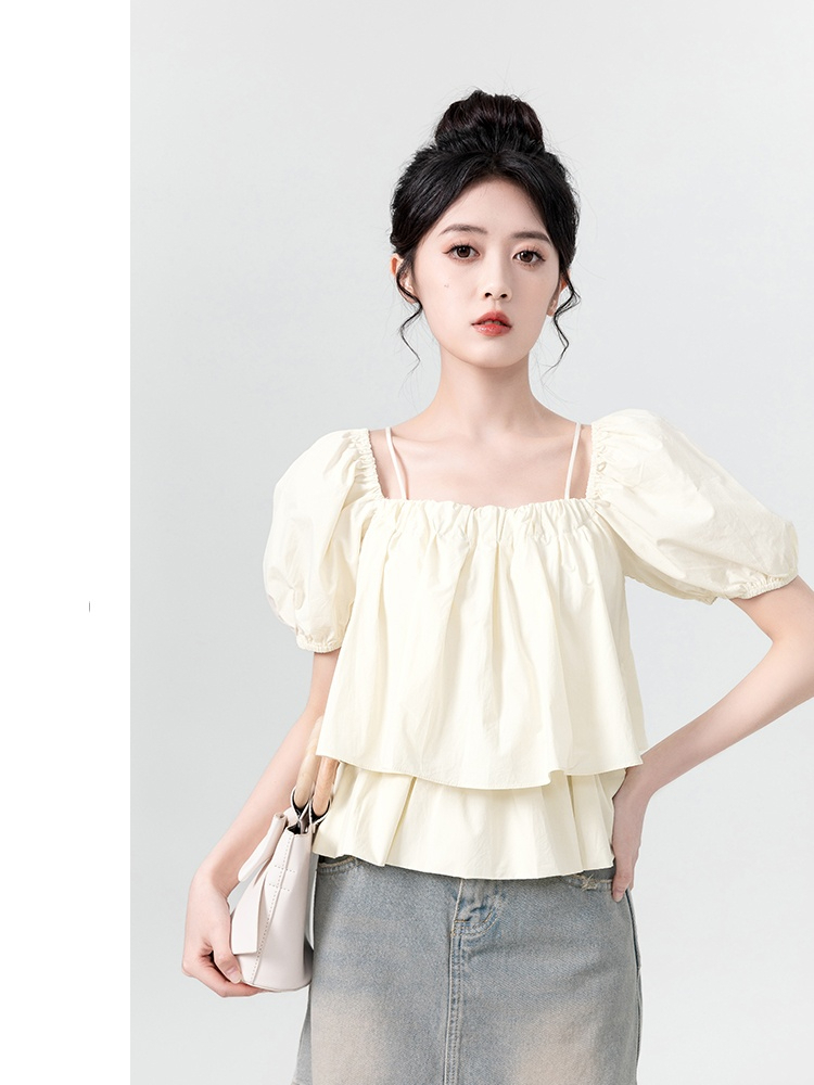 Apricot one-shoulder suspender puff-sleeved babydoll shirt for women summer 2024 new chic square-neck short-sleeved shirt and top