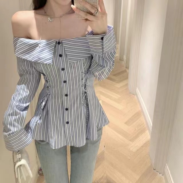 One-line collar slim waist top for women early autumn new sexy hot girl striped shirt chic lace-up long-sleeved T-shirt