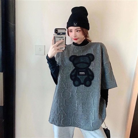 Korean style ins trendy bear T-shirt round neck T-shirt loose mid-length top women's summer short-sleeved inner layering shirt