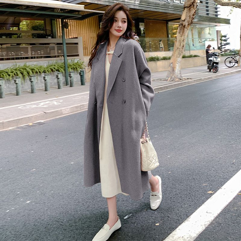 Pink double-sided cashmere woolen coat for women autumn and winter 2024 new Korean style over-the-knee woolen coat