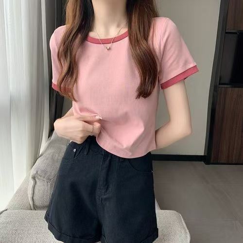 Contrast color round neck short-sleeved t-shirt for women 2024 new summer bottoming shirt Korean style slim short top trendy