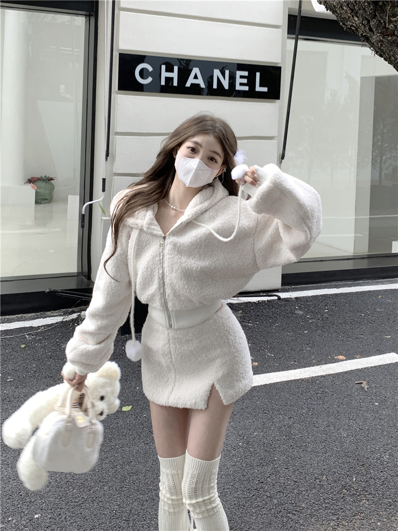 Imitation lamb wool pure lust style cardigan jacket two-piece set for women new autumn and winter high waist skirt suit short skirt