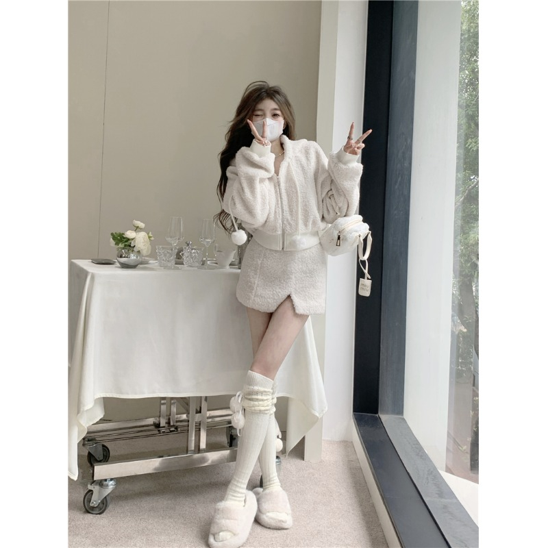 Imitation lamb wool pure lust style cardigan jacket two-piece set for women new autumn and winter high waist skirt suit short skirt