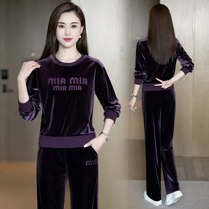 Autumn new style fashionable loose two-piece round neck pullover slim sports casual gold velvet suit for women