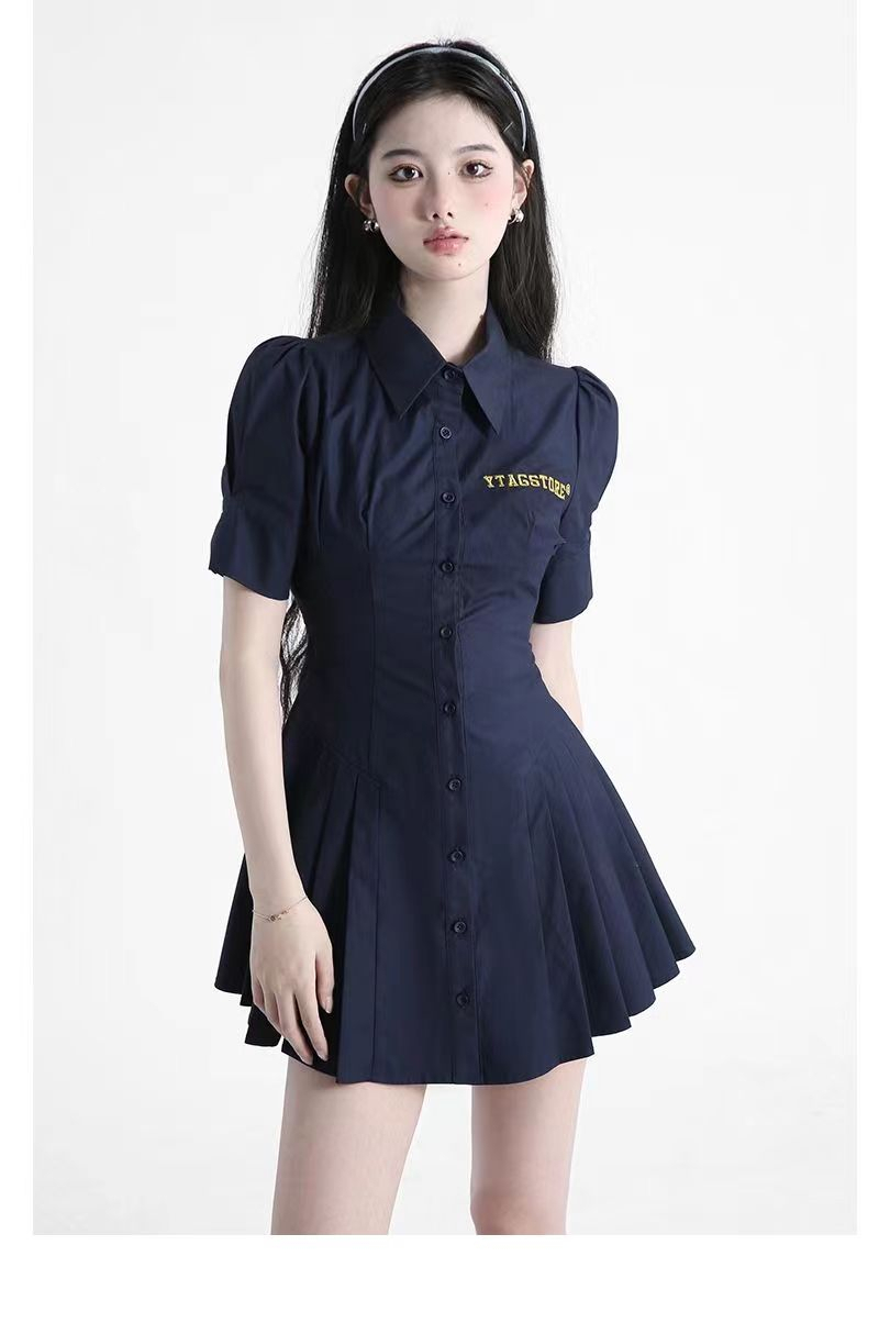 Best-selling preppy lapel dress slimming summer short-sleeved waist pleated high-end elegant buttoned A-line skirt