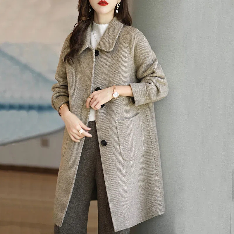 Woolen coat for women  autumn and winter new style small thickened Korean style slim temperament mid-length woolen coat