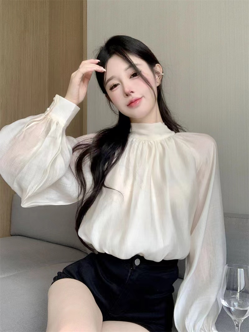 French temperament strappy bow long-sleeved shirt women's design niche chic shirt top spring and autumn new style