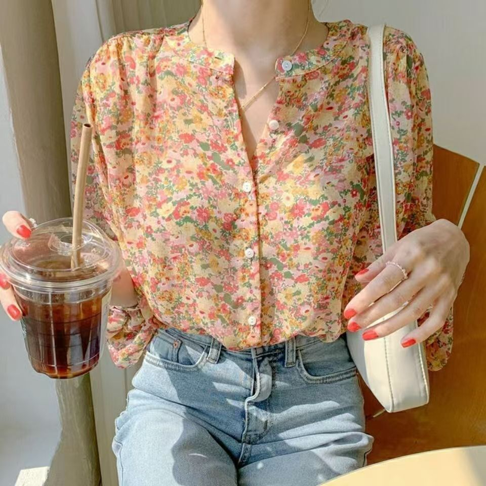 Floral chiffon top for women, 2024 early autumn new style shirt, long-sleeved, super fairy, fashionable, girly and temperament small shirt