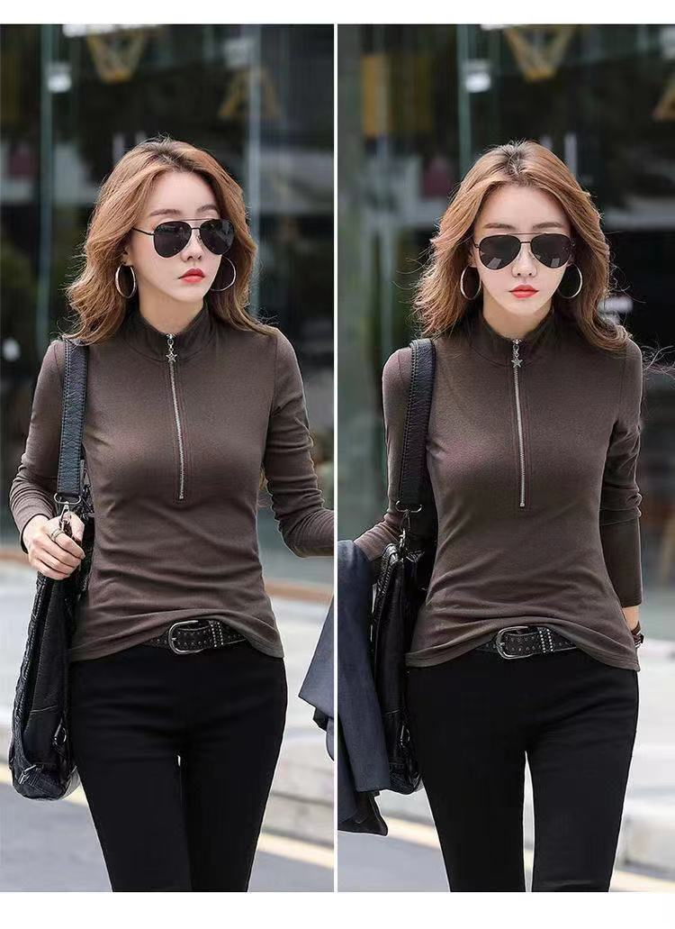 Double-sided spandex German velvet] zipper half turtleneck bottoming shirt autumn and winter large size slim fit outer wear thickened top