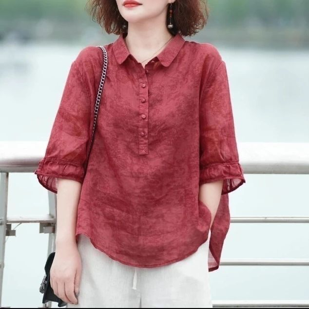 High-end women's new style jacquard lapel shirt, fashionable retro women's mid-sleeve shirt, slim-covering thin shirt