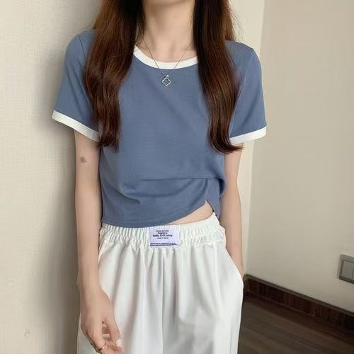 Contrast color round neck short-sleeved t-shirt for women 2024 new summer bottoming shirt Korean style slim short top trendy