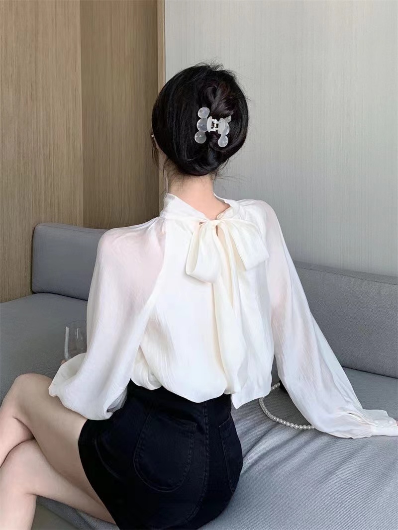 French temperament strappy bow long-sleeved shirt women's design niche chic shirt top spring and autumn new style