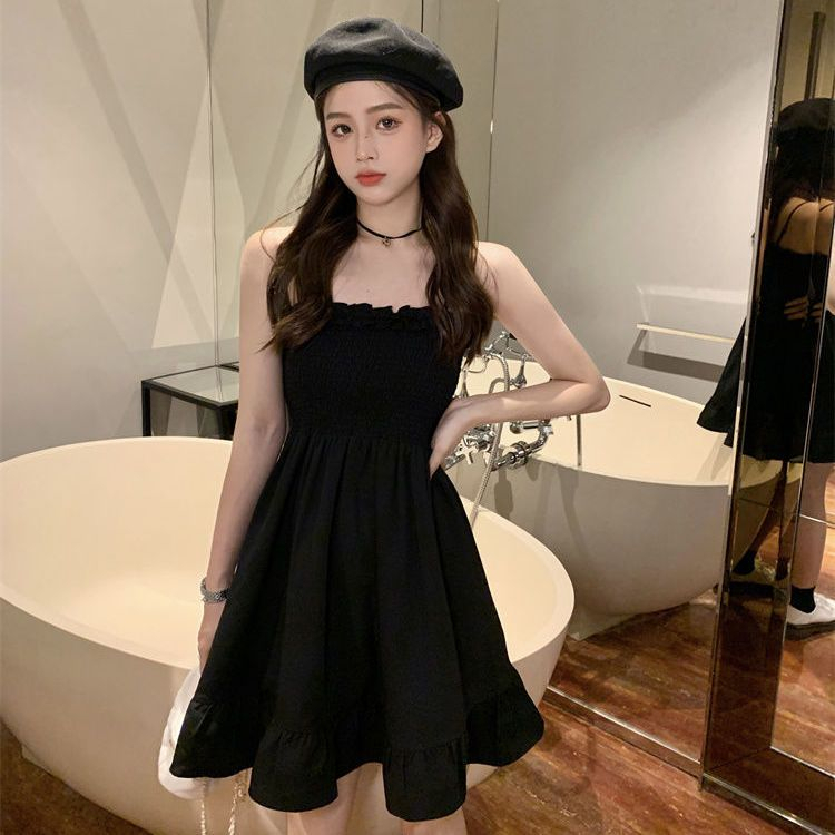 One-shoulder irregular slimming elastic waist short pleated suspender little black dress for women summer new style