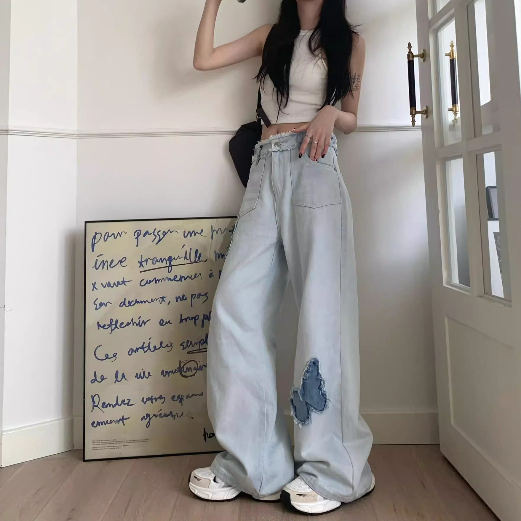 Korean style high-waisted wide-leg jeans for women spring new loose light blue butterfly loose drape straight pants