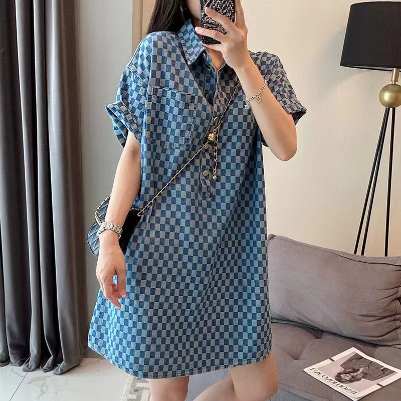 2-300 catties fat mm denim blue dress for women summer new extra large size medium and long loose short-sleeved T-shirt skirt