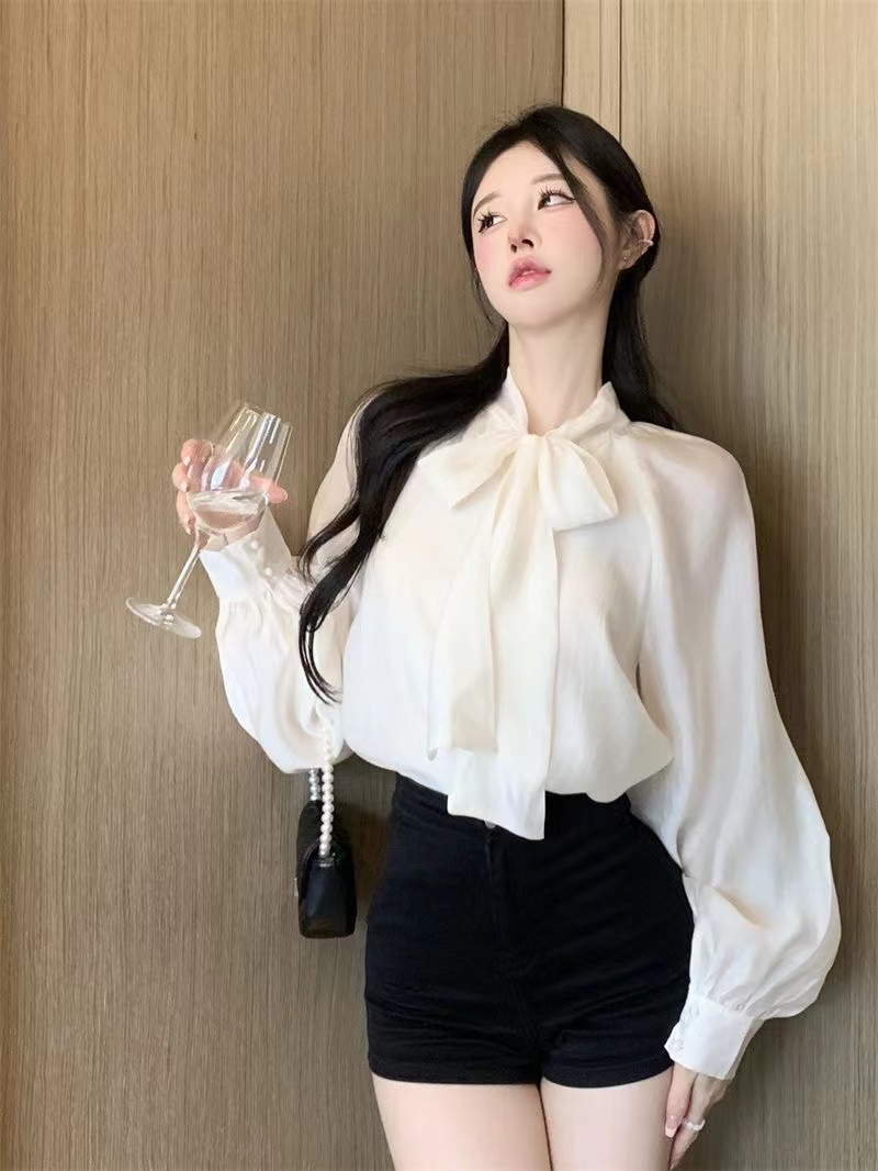 French temperament strappy bow long-sleeved shirt women's design niche chic shirt top spring and autumn new style