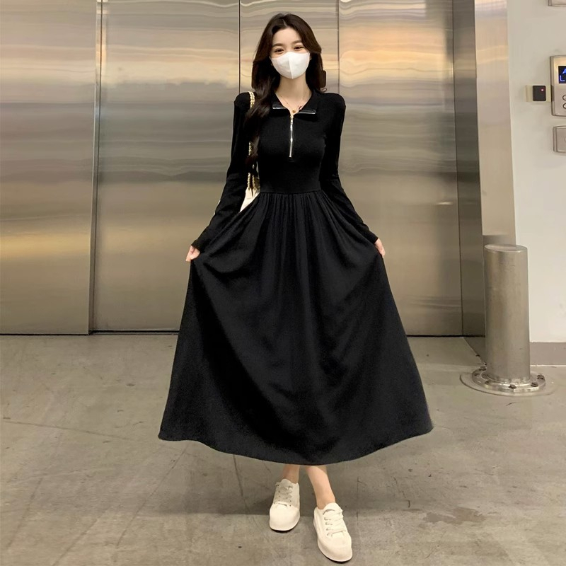 Black long-sleeved dress for women in autumn new style French high-end temperament waist slimming Hepburn style skirt