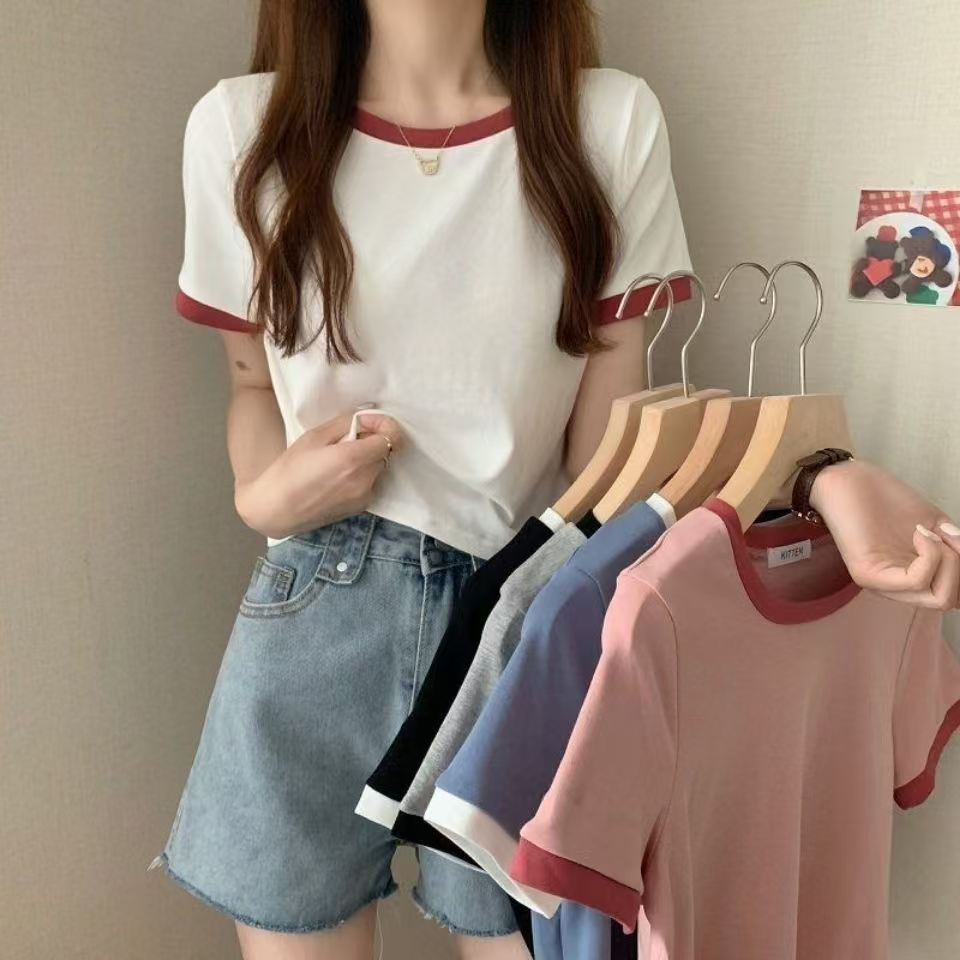 Contrast color round neck short-sleeved t-shirt for women 2024 new summer bottoming shirt Korean style slim short top trendy