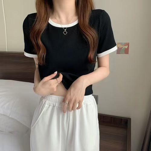 Contrast color round neck short-sleeved t-shirt for women 2024 new summer bottoming shirt Korean style slim short top trendy