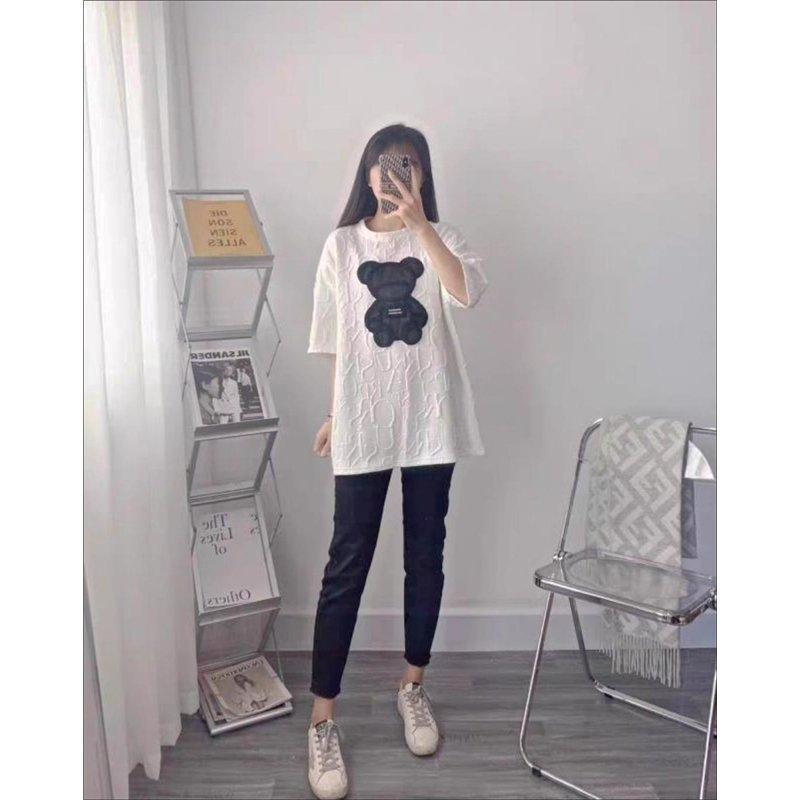 Korean style ins trendy bear T-shirt round neck T-shirt loose mid-length top women's summer short-sleeved inner layering shirt