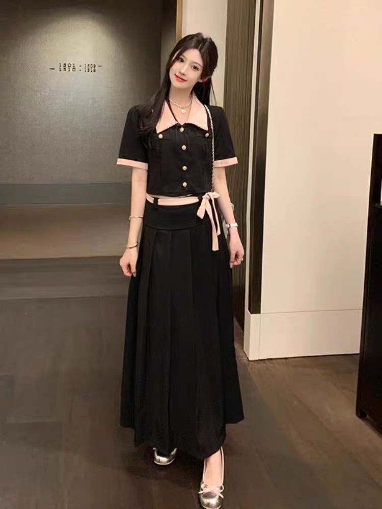 Large size black long skirt pear-shaped body outfit suit summer fat girl high waist slim skirt women's two-piece set