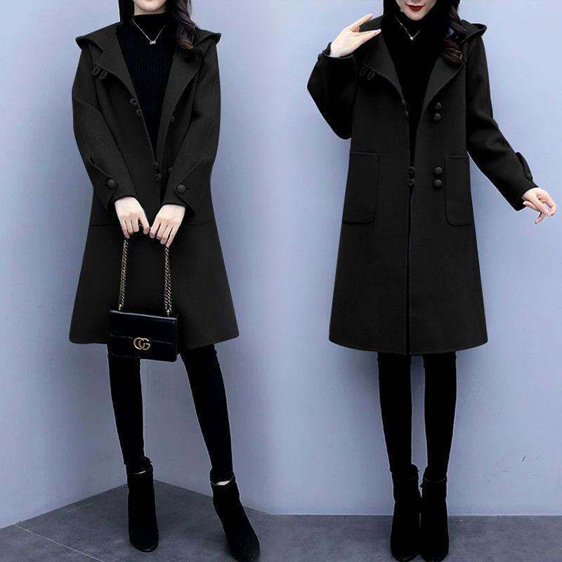 Hooded woolen coat for women autumn and winter  new Korean style fat MM large size loose retro mid-length woolen coat