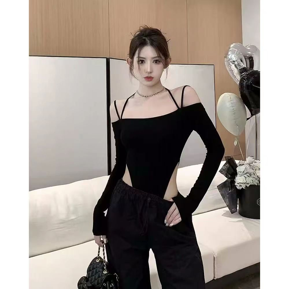 Black long-sleeved suspender one-piece t-shirt for women summer new hot girl irregular slim slimming sexy top