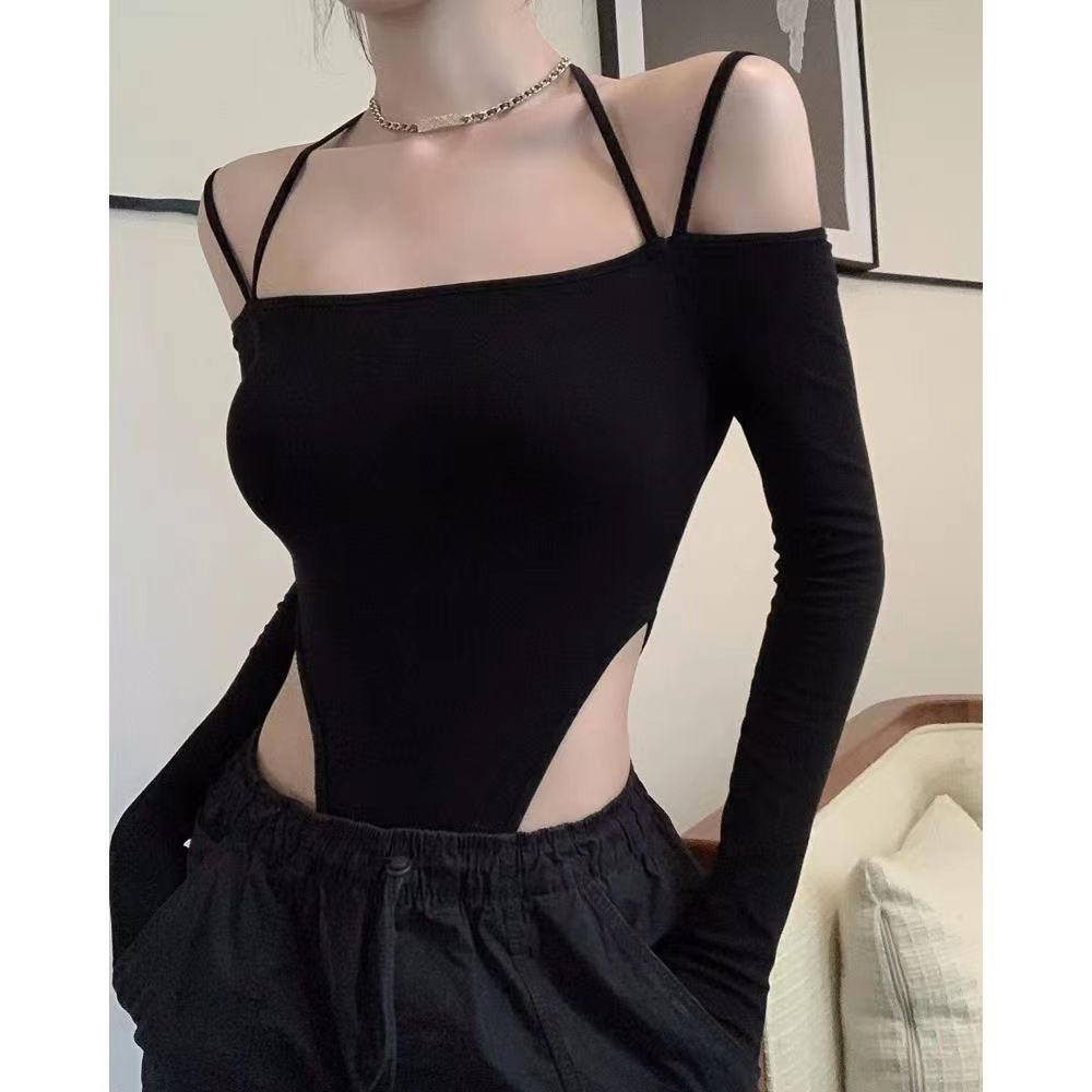 Black long-sleeved suspender one-piece t-shirt for women summer new hot girl irregular slim slimming sexy top