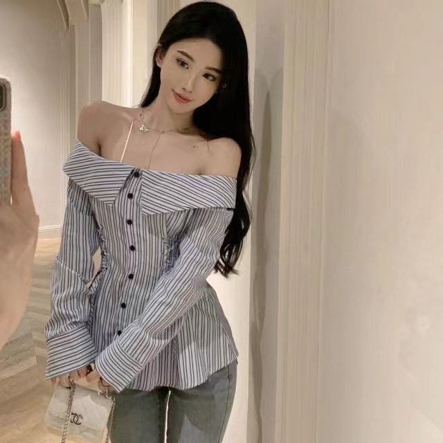 One-line collar slim waist top for women early autumn new sexy hot girl striped shirt chic lace-up long-sleeved T-shirt