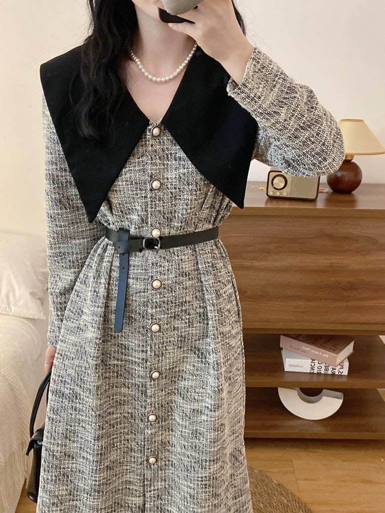 French style long-sleeved dress for women 2024 autumn new skirt high-end slimming long skirt