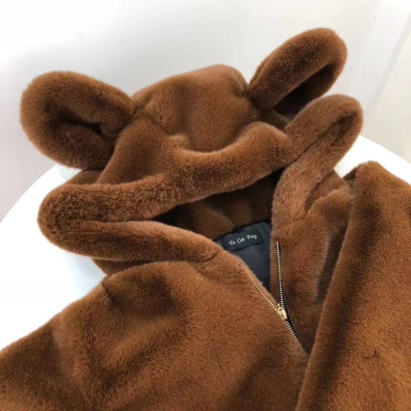  new winter hooded loose cute bear ears thickened plush mid-length imitation fur coat for women