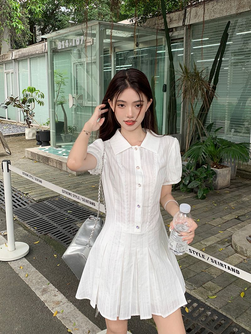 College Style Puff Sleeve Shirt Dress Women's 2024 New Summer Small Pleated Skirt