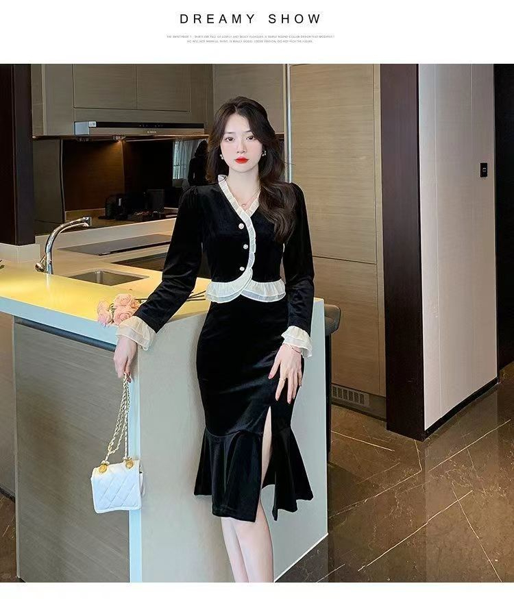 2024 autumn and winter new v-neck pleated stitching slit fishtail dress velvet long-sleeved black skirt for women