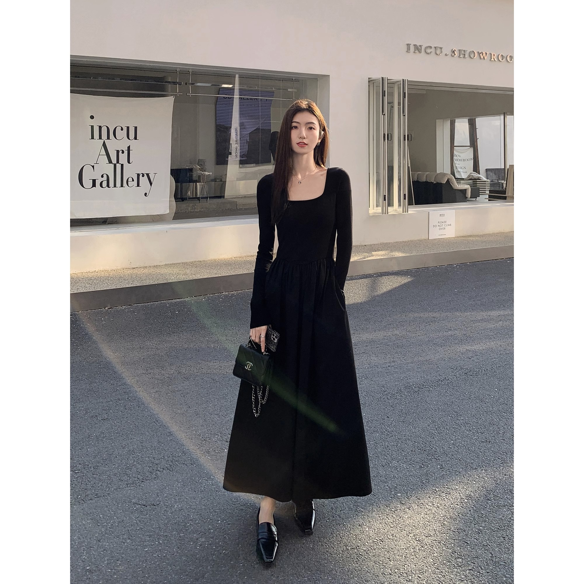 French tea break black long-sleeved dress for women summer 2024 spring and autumn new high-end Hepburn style waist long dress