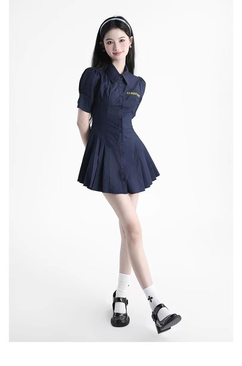 Best-selling preppy lapel dress slimming summer short-sleeved waist pleated high-end elegant buttoned A-line skirt