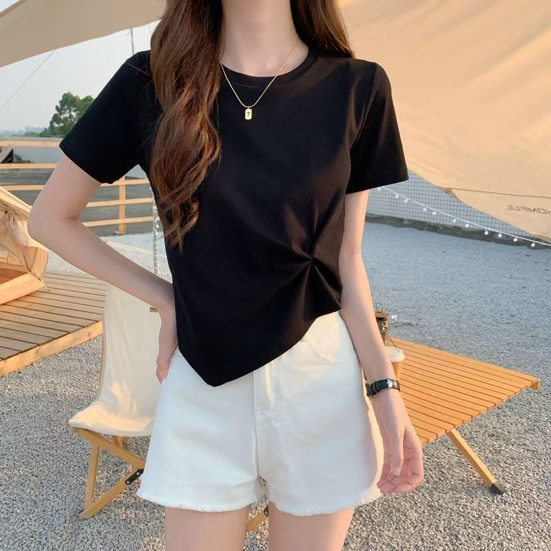 2024 Summer Pure Desire Style Irregular Design Versatile Slim Women's T-Shirt Thin Outing Wear Short-Sleeved Top