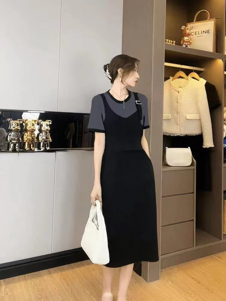 Summer new fake two-piece waist-covering slimming mid-length dress for women with contrasting color splicing high-waisted temperament skirt