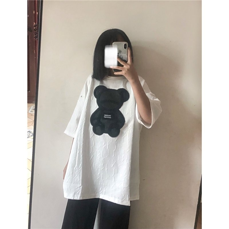 Korean style ins trendy bear T-shirt round neck T-shirt loose mid-length top women's summer short-sleeved inner layering shirt