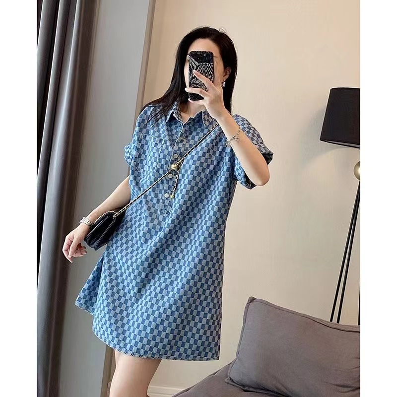 2-300 catties fat mm denim blue dress for women summer new extra large size medium long loose short-sleeved T-shirt skirt