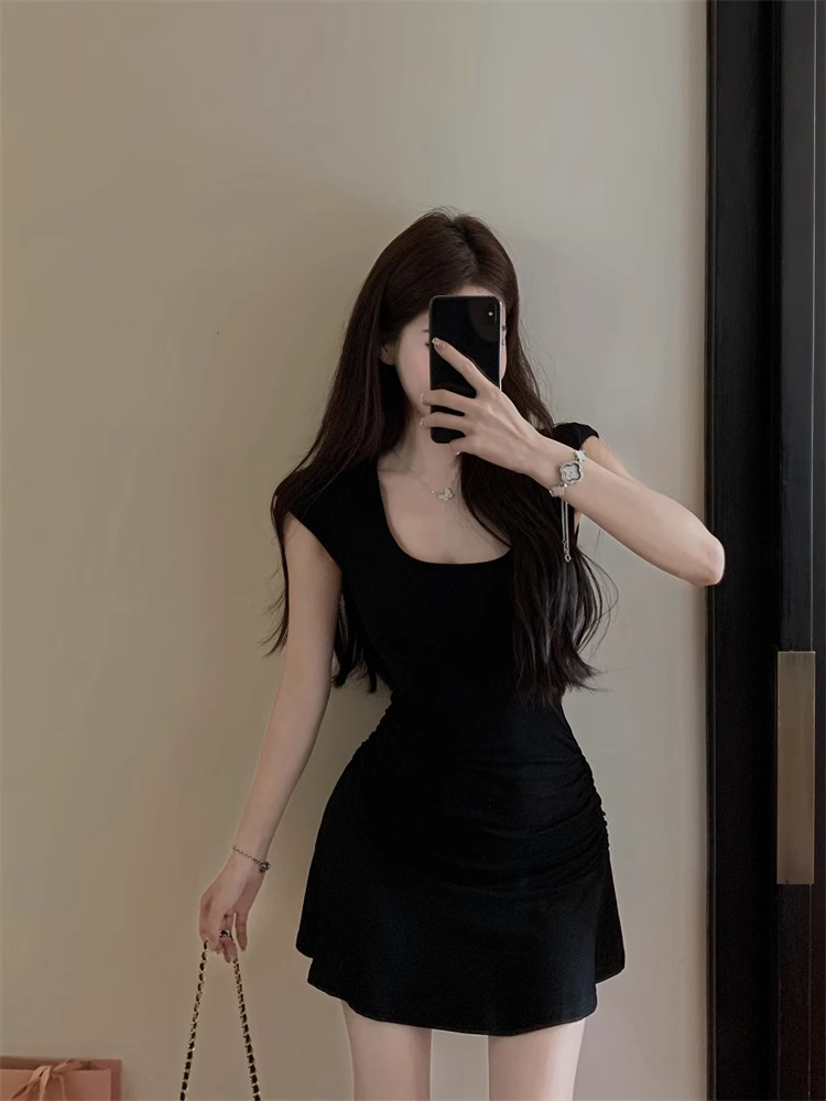 Sexy Hot Girl Purple U-neck Short Sleeve Dress Women's Summer Temperament Slim Skirt Showing Figure Waist A-Line Skirt