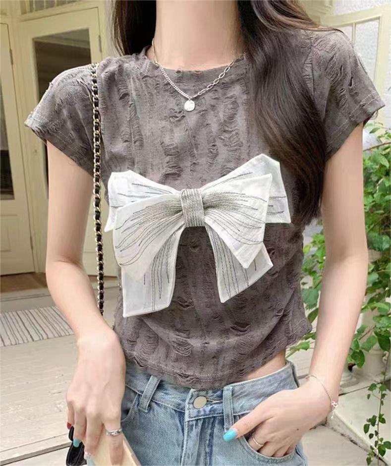 T-shirt for women 2024 summer waist slimming ripped top MM bow design right shoulder T-shirt