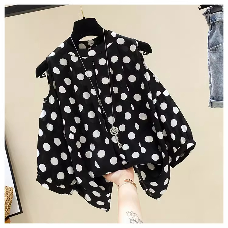 Plus size women's summer new style fat girl loose slimming belly-covering top polka-dot off-shoulder short-sleeved chiffon shirt