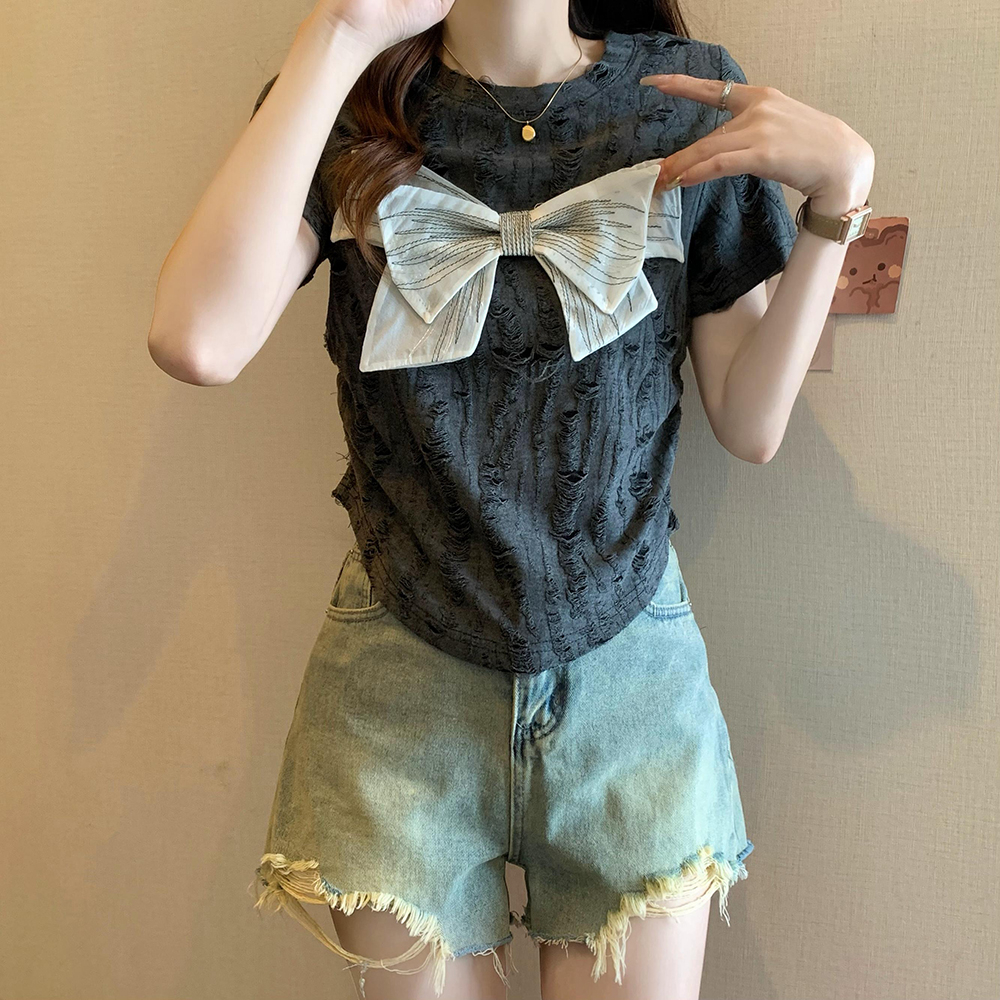 T-shirt for women 2024 summer waist slimming ripped top MM bow design right shoulder T-shirt